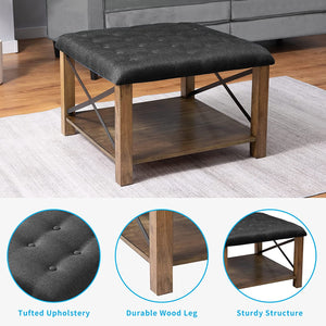 Upholstered Square Ottoman Coffee Table, Solid Wood - EK CHIC HOME