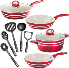 Load image into Gallery viewer, Nonstick Pots and Pans Set Professional Grade 11 Piece Red and Cream - EK CHIC HOME