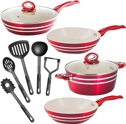 Nonstick Pots and Pans Set Professional Grade 11 Piece Red and Cream - EK CHIC HOME