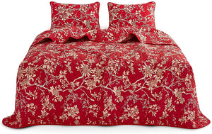 Red Quilt Set, Vintage Floral Flowers Pattern Printed - EK CHIC HOME