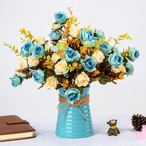 Artificial Flower Bouquets with Blue Ceramic Vase, - EK CHIC HOME
