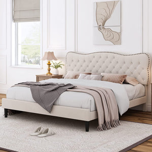 King Size Bed Frame, Linen Fabric Upholstered Platform Bed Frame - EK CHIC HOME