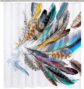 Colorful Feather Shower Curtain Waterproof with 12 Hooks - EK CHIC HOME