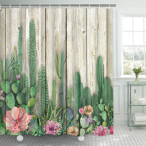 Cactus Shower Curtain Wooden Board Shower Curtain with 12 Hooks - EK CHIC HOME