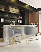 Load image into Gallery viewer, Bar Stool Chair Velvet Upholstered Shelter Arm Shell Design 3 Legged Gold Tone - EK CHIC HOME