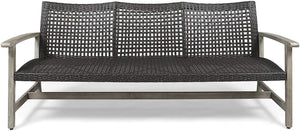 Outdoor Wood and Wicker Sofa, Light Gray Finish with Mix Black Wicker - EK CHIC HOME