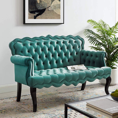 EVA Tufted Velvet Modern Chesterfield Style Settee Loveseat In Teal - EK CHIC HOME