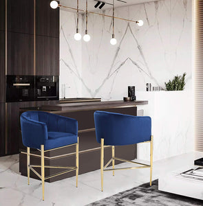 Bar Stool Chair Velvet Upholstered Shelter Arm Shell Design 3 Legged Gold Tone - EK CHIC HOME