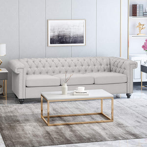 Tufted Chesterfield Fabric 3 Seater Sofa, Pebble Gray - EK CHIC HOME