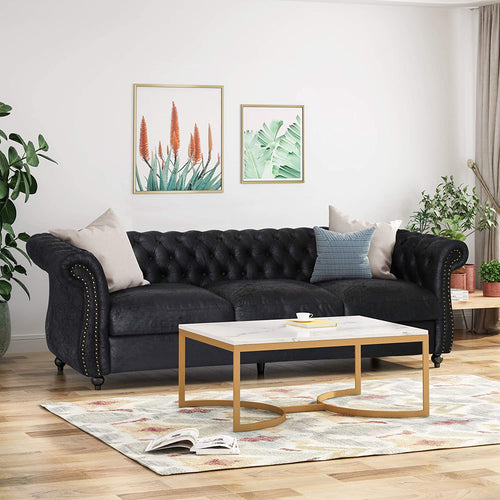 Chesterfield Tufted Microfiber Sofa with Scroll Arms, Black - EK CHIC HOME