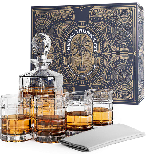 Elegant 5 Piece Whiskey Decanter and Glass Set in a Spectacular Gift Box - EK CHIC HOME