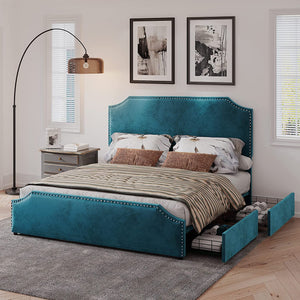 Queen Size Bed Frame with 4 Storage Drawers and Headboard - EK CHIC HOME