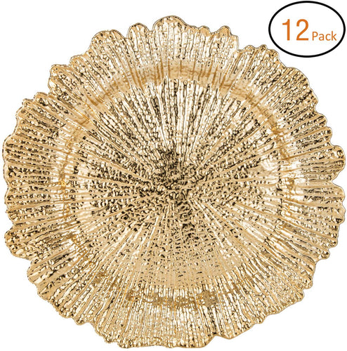 Round 13 Inch Plastic Charger Plates with Eletroplating Finish (12, Reef Gold) - EK CHIC HOME