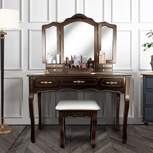 Vanity Beauty Station,Large 7 Drawers Makeup Dress Table with Cushioned Stool Set - EK CHIC HOME