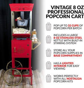 Popcorn Maker Professional Cart, 8 Oz Kettle Makes Up to 32 Cups, Red - EK CHIC HOME