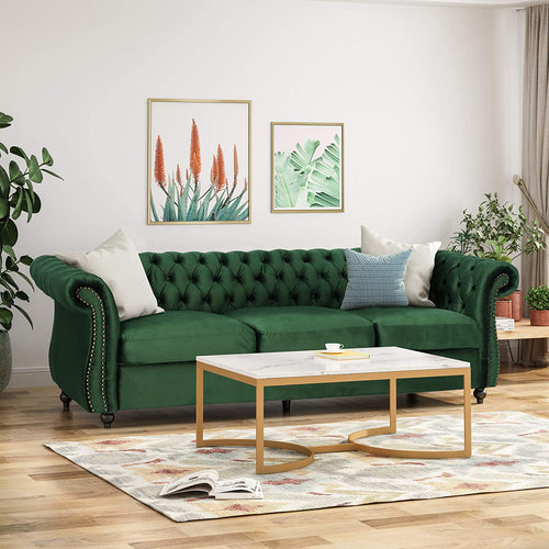 Chesterfield Tufted Jewel Toned Velvet Sofa with Scroll Arms - EK CHIC HOME