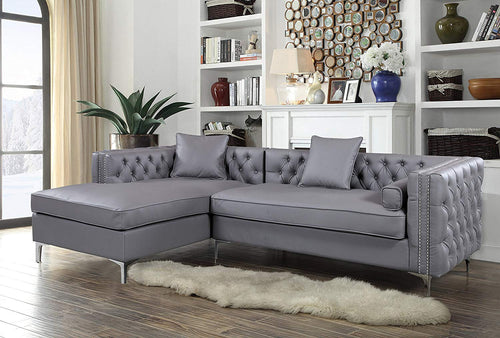 Da Vinci Tufted Silver Trim Grey PU Leather Left Facing Sectional Sofa with Silver Tone Metal Y-Legs - EK CHIC HOME