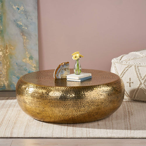 Modern Round Hammered Metal Antique Gold Coffee Table - EK CHIC HOME