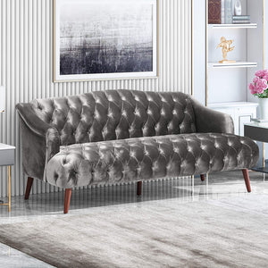 Modern Glam Tufted Velvet 3 Seater Sofa, Smoke and Walnut - EK CHIC HOME