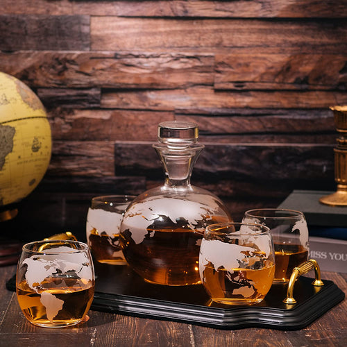 World Map Globe Whiskey Decanter Set 750ml With 4 10oz Map Glasses - EK CHIC HOME