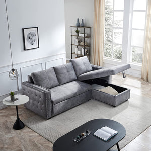 Sectional Sofa with Pull Out Bed, 91" L-Shaped Sleeper Velvet - EK CHIC HOME
