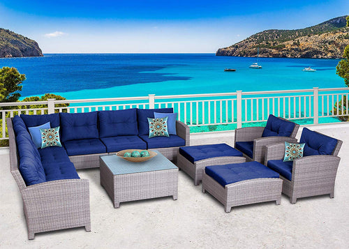 Resin Wicker Outdoor Patio Furniture Set - 12 Piece Conversation Sectional Premium All Weather Gray - EK CHIC HOME