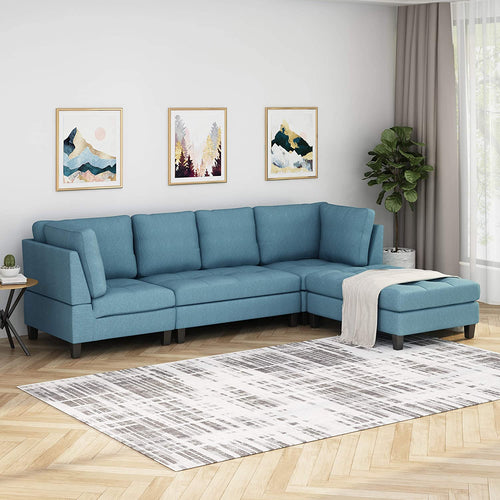 Contemporary Fabric Sectional Sofa with Ottoman, Blue - EK CHIC HOME