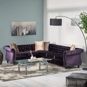 6 Seater Velvet Tufted Chesterfield Sectional BlackBerry - EK CHIC HOME