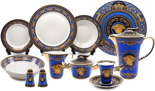 Vintage 49-pc Dinnerware Set 'Blue Medusa', Premium Bone China - EK CHIC HOME