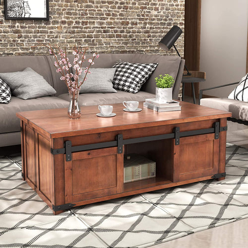 Coffee Table with Sliding Barn Doors, Rustic Industrial - EK CHIC HOME