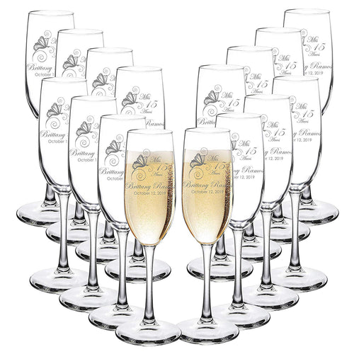 Custom Engraved Champagne Flutes - Butterfly Design - Choose Set of 16 - Laser Engraved with Name and Date (Set of 16) - EK CHIC HOME