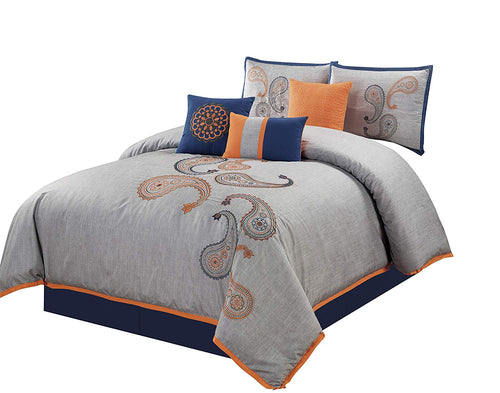 Naomi 7-Piece Navy Orange Paisley Floral Embroidery Comforter Bedding Set - EK CHIC HOME