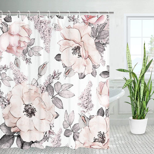 Watercolor Floral Shower Curtain with Hooks Pink - EK CHIC HOME