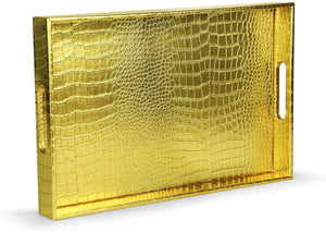 Beautiful Modern Elegant Gold 18"x12" Rectangle Glossy Alligator Decorative Serving Tray - EK CHIC HOME
