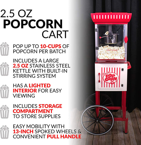 Popcorn Maker Cart, 2.5 Oz Kettle Makes 10 Cups, Retro Classic Popcorn Machine - EK CHIC HOME