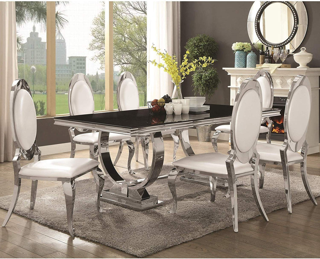 Luxurious Modern Design Stainless Steel Dining Set with Black Glass Table Top 1-Table, 6-Chairs - EK CHIC HOME