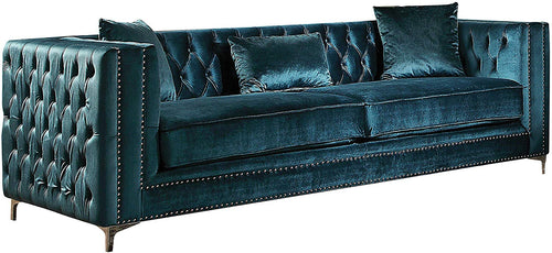 Gillian Dark Teal Velvet Sofa with 3 Pillows - EK CHIC HOME