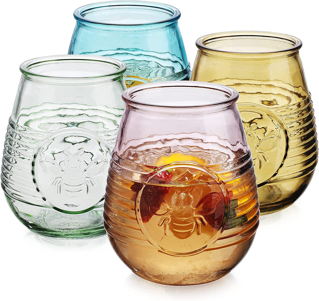 Set Of 4 Colored Glasses, Multicolor Embossed Wine Glasses - EK CHIC HOME