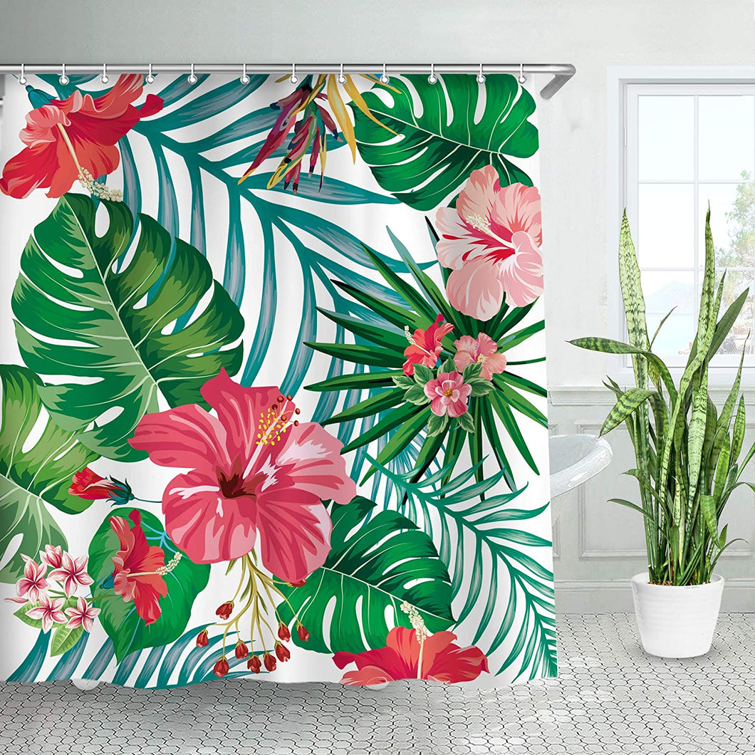 Tropical Leaf Shower Curtain, Green Palm Set with Hooks - EK CHIC HOME