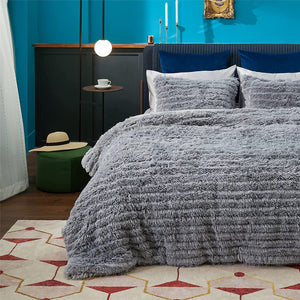 Fluffy Comforter Queen Set 3 Pieces - Fuzzy Stripes Design - EK CHIC HOME