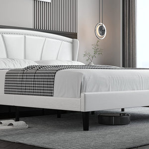 Full Size Bed Frame Modern Faux Leather Upholstered - EK CHIC HOME