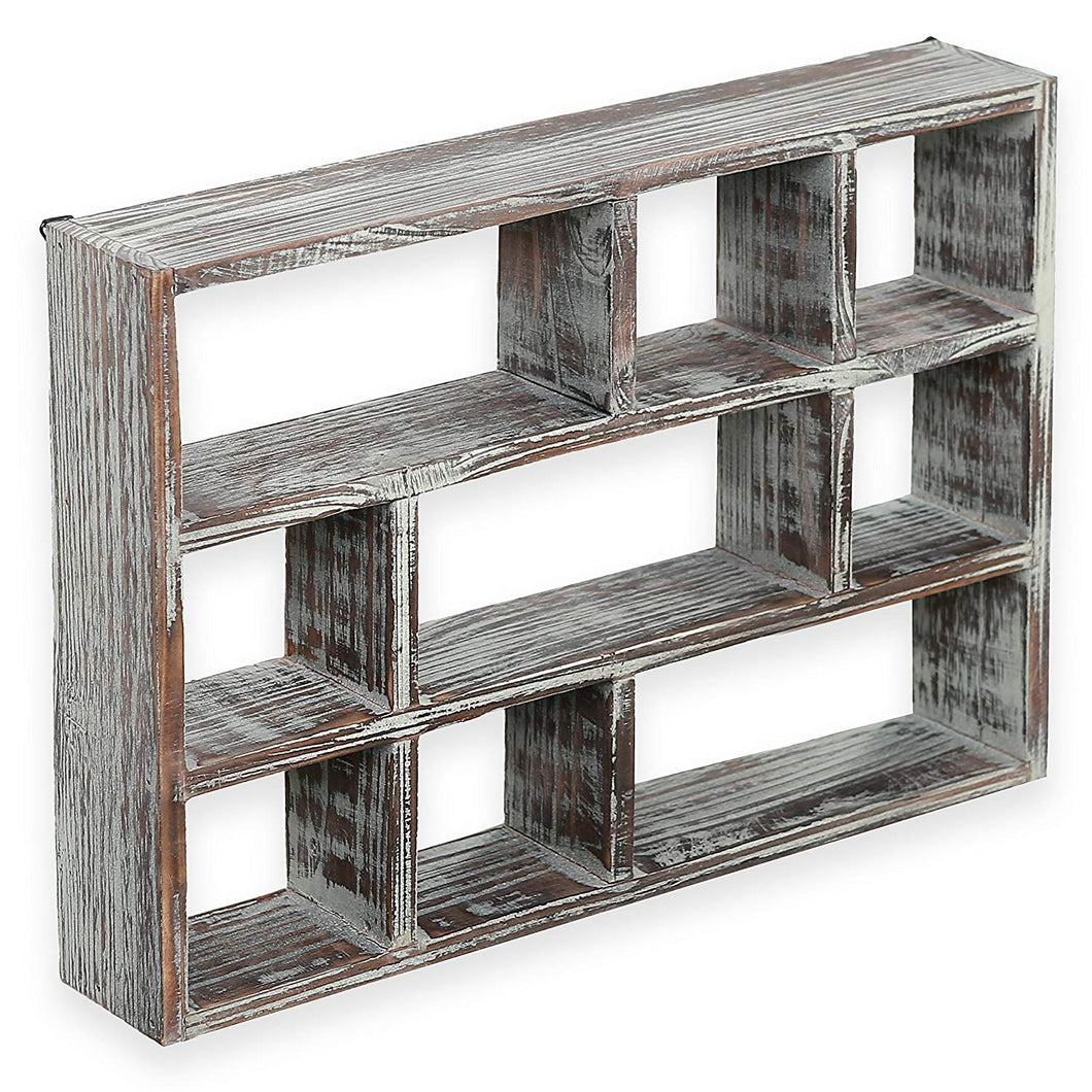 15-Inch 9-Compartment Rustic Wooden Freestanding & Wall Mountable Shadow Box Display Shelf - EK CHIC HOME