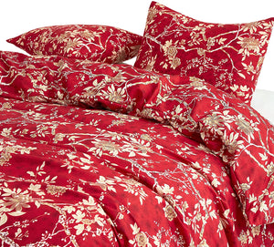 Red Floral Comforter Set, Vintage Flowers Pattern Printed - EK CHIC HOME