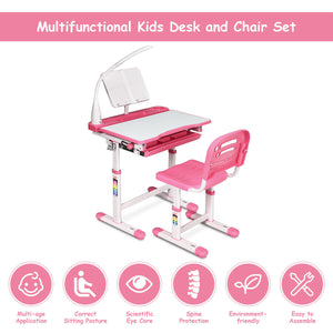 Height Adjustable Kids Desk Chair Set w/Lamp & Bookstand Pink - EK CHIC HOME