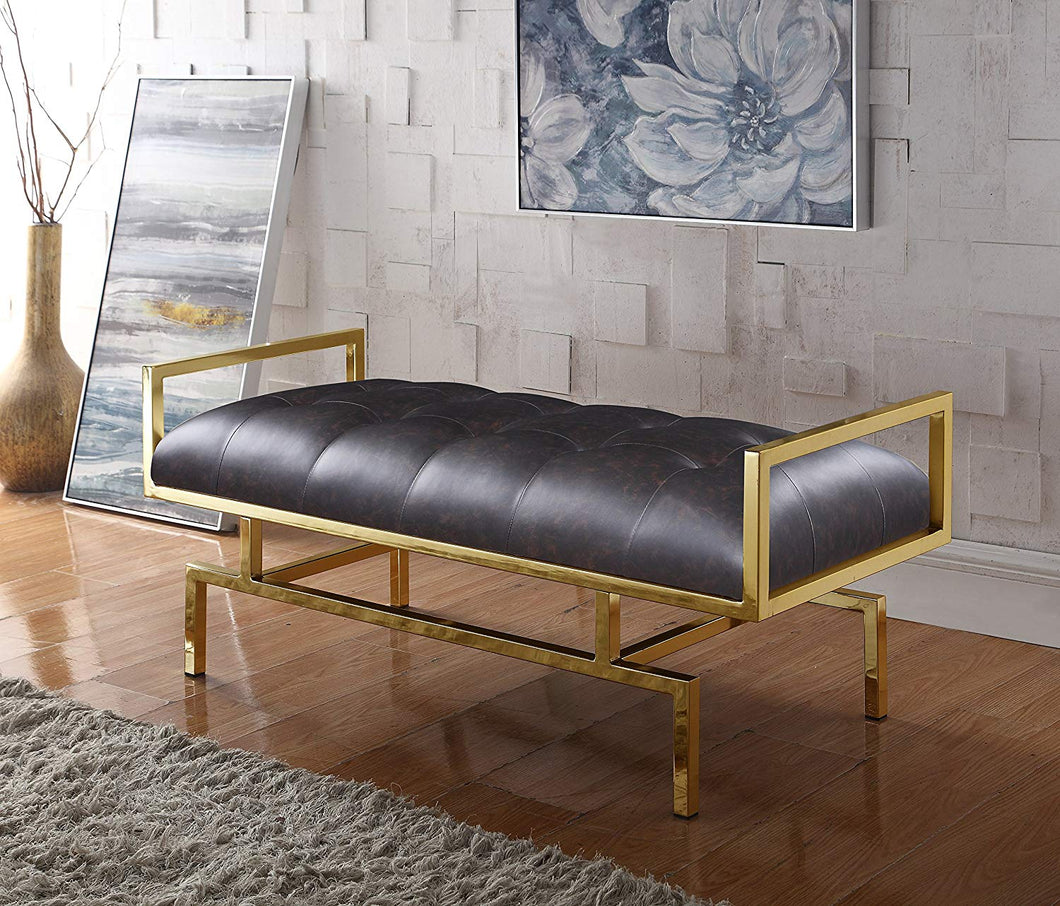 Leather Modern Contemporary Tufted Seating Goldtone Metal Leg Bench, White - EK CHIC HOME