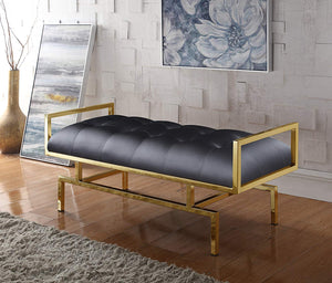 Leather Modern Contemporary Tufted Seating Goldtone Metal Leg Bench, White - EK CHIC HOME