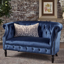 Load image into Gallery viewer, Navy Blue Velvet Loveseat - Tufted Rolled Arm Velvet Chesterfield Loveseat Couch - EK CHIC HOME
