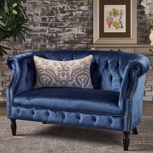 Navy Blue Velvet Loveseat - Tufted Rolled Arm Velvet Chesterfield Loveseat Couch - EK CHIC HOME
