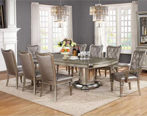 Glamour Design Metallic Platinum Rhinestone Button Tufted Dining Set 1-Table, 6-Side Chairs, 2-arm Chairs - EK CHIC HOME