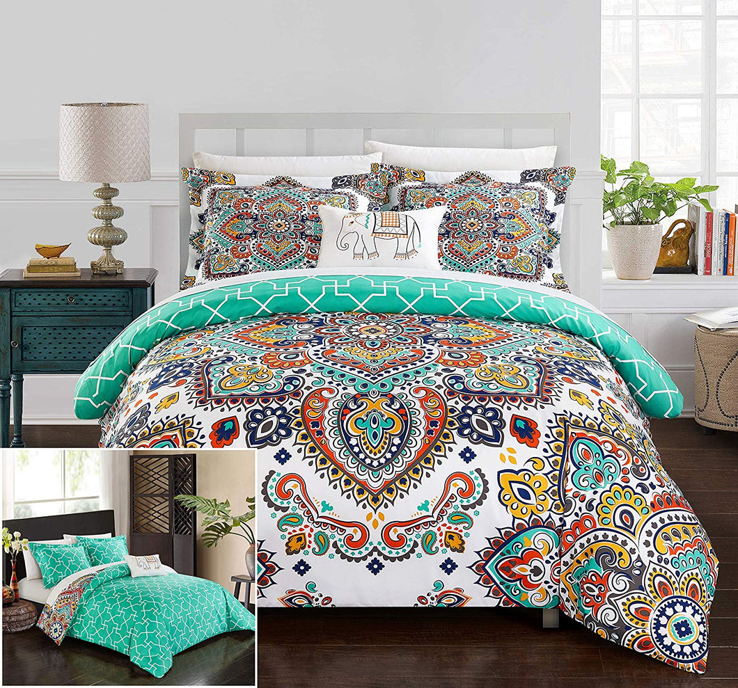 Chic 8 Piece Reversible Boho Contemporary Geometric Patterned Queen Bed in a Bag Comforter Set - EK CHIC HOME